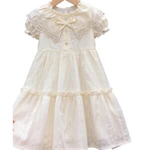 Girls Princess Lace Doll Collar Short Sleeve Dress Yellow/Cream Size 5/7 yrs old